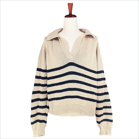 MARINE LAYER Claire Relaxed Sweater Polo in Neutral Stripe Merino Blend Size L - Picture 2 of 9
